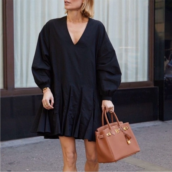 ANINE BING FLOUNCY V-NECK LONG BALLOON SLEEVE GODET DRESS BLACK NWT SIZE… - Picture 2 of 16